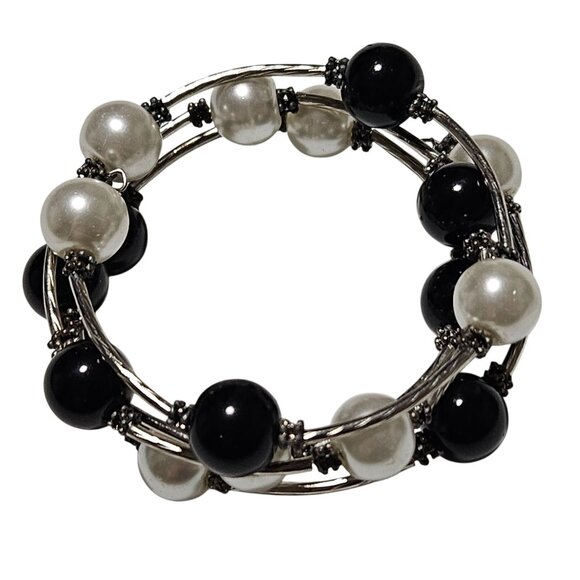 Elegant Black White Faux Pearl Memory Wire Stacked Coil Bracelet Fashion Jewelry - Picture 2 of 4